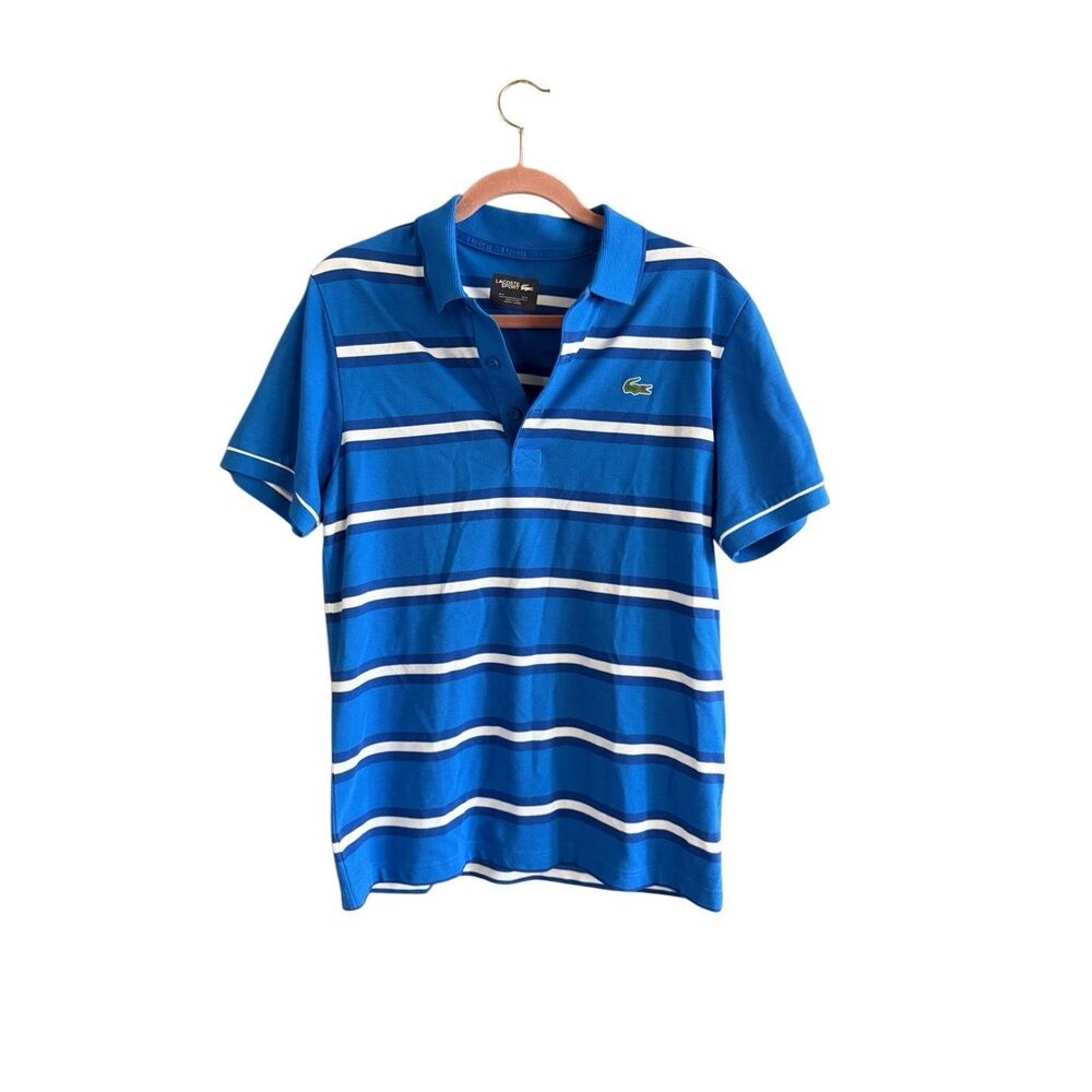 Lacoste Sport Mens Blue White Striped Short Sleeve Collared Polo Shirt Sz Medium